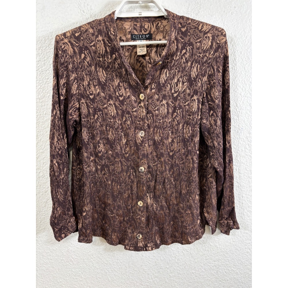 Citron Santa Monica Womens Medium Brown Floral Rayon Button Up Blouse Top USA